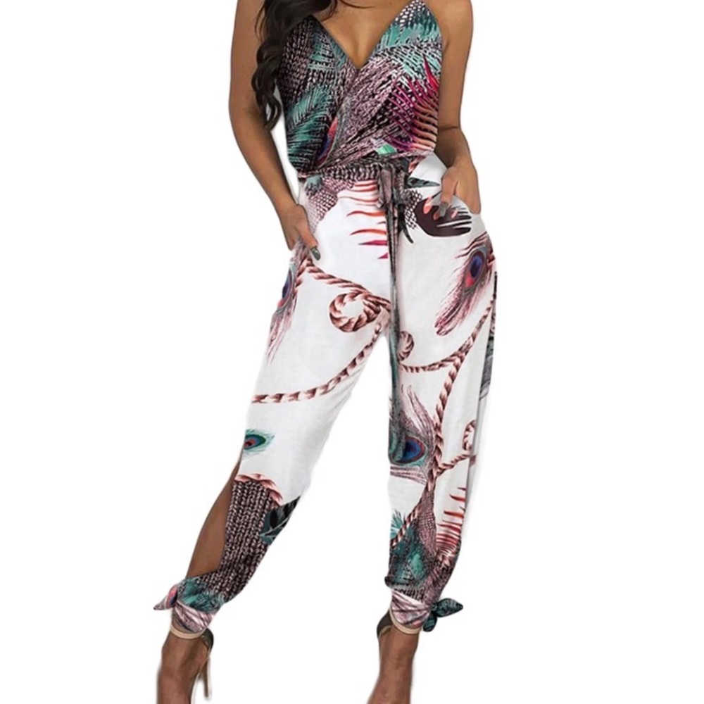 Peacock Print Jumpsuit Deep V-neck Sleeveless Spaghetti Strap Split Side Leg M - Picture 1 of 12